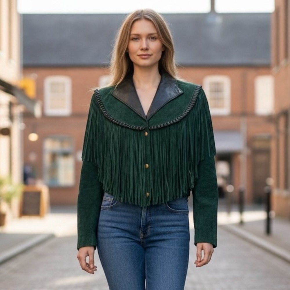 $400 Diamond Leathers Cropped Fringe Jacket M Green Suede Leather Western Boho